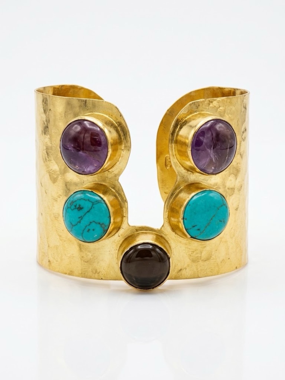 Artisan Turkish Hammered Gold Statement Cuff with Cabochon Gemstones